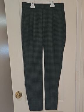 Zara Checkered Elastic Waist Straight Leg Pants Women's Small Green/Black